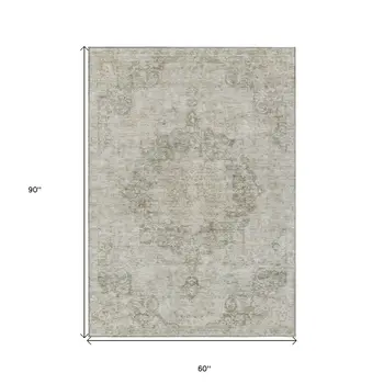 5' X 8' Ivory Floral Medallion Washable Indoor Outdoor Area Rug