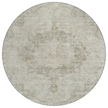 8' Ivory Round Floral Medallion Washable Indoor Outdoor Area Rug