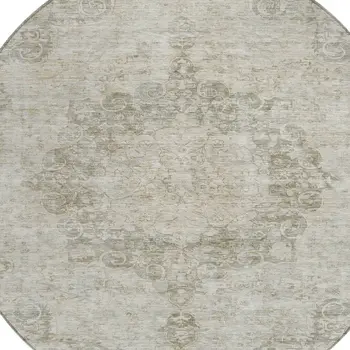 8' Ivory Round Floral Medallion Washable Indoor Outdoor Area Rug