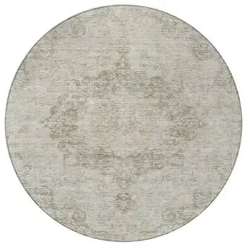 8' Ivory Round Floral Medallion Washable Indoor Outdoor Area Rug