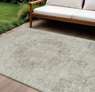 8' X 10' Ivory Floral Medallion Washable Indoor Outdoor Area Rug