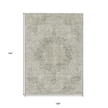 9' X 12' Ivory Floral Medallion Washable Indoor Outdoor Area Rug
