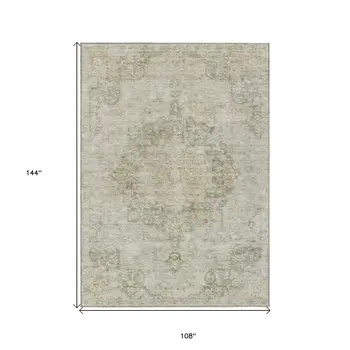 9' X 12' Sage Floral Medallion Washable Indoor Outdoor Area Rug