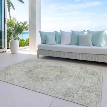 9' X 12' Sage Floral Medallion Washable Indoor Outdoor Area Rug
