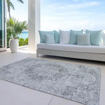 5' X 8' Silver Floral Medallion Washable Indoor Outdoor Area Rug