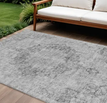 8' X 10' Silver Floral Medallion Washable Indoor Outdoor Area Rug