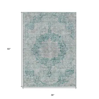 3' X 5' Teal Blue Floral Medallion Washable Indoor Outdoor Area Rug