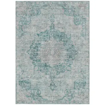 5' X 8' Teal Blue Floral Medallion Washable Indoor Outdoor Area Rug