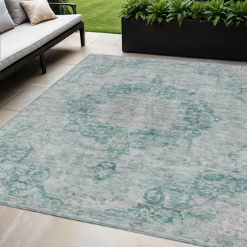 5' X 8' Teal Blue Floral Medallion Washable Indoor Outdoor Area Rug