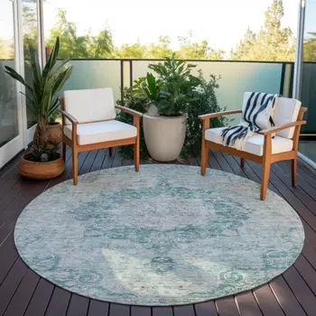 8' Teal Blue Round Floral Medallion Washable Indoor Outdoor Area Rug