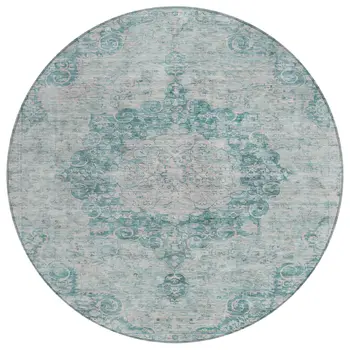 8' Teal Blue Round Floral Medallion Washable Indoor Outdoor Area Rug
