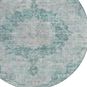 8' Teal Blue Round Floral Medallion Washable Indoor Outdoor Area Rug