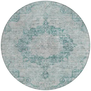 8' Teal Blue Round Floral Medallion Washable Indoor Outdoor Area Rug