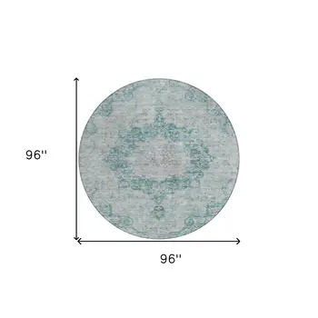 8' Teal Blue Round Floral Medallion Washable Indoor Outdoor Area Rug