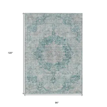 8' X 10' Teal Blue Floral Medallion Washable Indoor Outdoor Area Rug