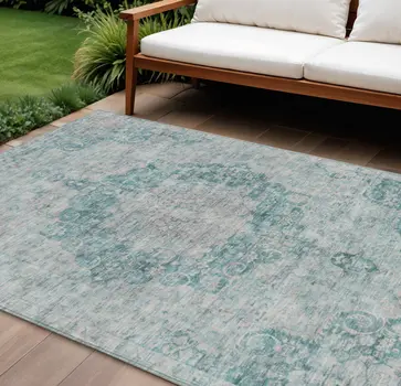 8' X 10' Teal Blue Floral Medallion Washable Indoor Outdoor Area Rug