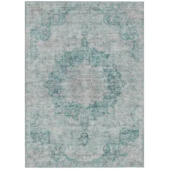 8' X 10' Teal Blue Floral Medallion Washable Indoor Outdoor Area Rug