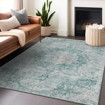 8' X 10' Teal Blue Floral Medallion Washable Indoor Outdoor Area Rug