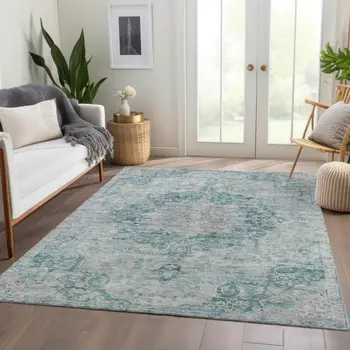 9' X 12' Teal Blue Floral Medallion Washable Indoor Outdoor Area Rug