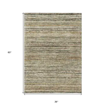 3' X 5' Beige Striped Washable Indoor Outdoor Area Rug