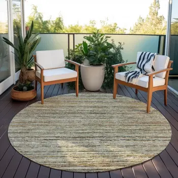 8' Beige Round Striped Washable Indoor Outdoor Area Rug