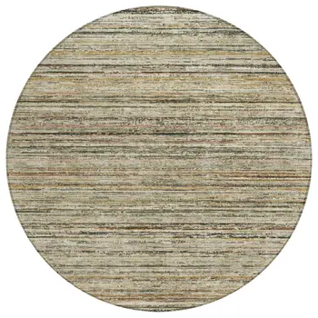 8' Beige Round Striped Washable Indoor Outdoor Area Rug