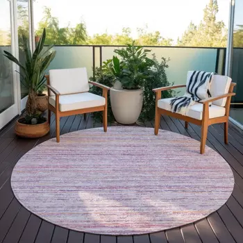 8' Mauve Round Striped Washable Indoor Outdoor Area Rug