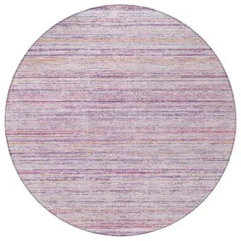 8' Mauve Round Striped Washable Indoor Outdoor Area Rug