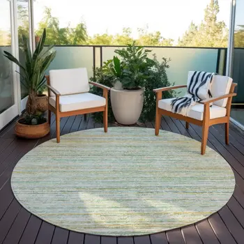 8' Mint Green Round Striped Washable Indoor Outdoor Area Rug