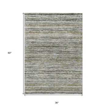 3' X 5' Pewter Striped Washable Indoor Outdoor Area Rug