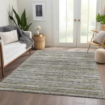 5' X 8' Pewter Striped Washable Indoor Outdoor Area Rug