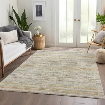 10' X 14' Sage Striped Washable Indoor Outdoor Area Rug