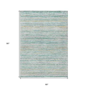 5' X 8' Teal Blue Striped Washable Indoor Outdoor Area Rug