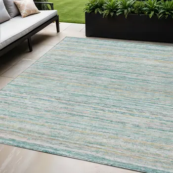 5' X 8' Teal Blue Striped Washable Indoor Outdoor Area Rug