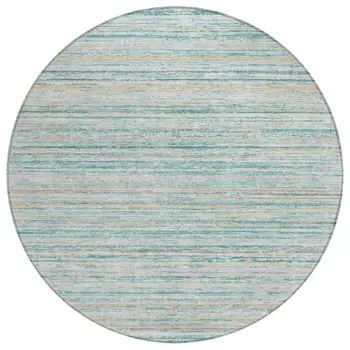 8' Teal Blue Round Striped Washable Indoor Outdoor Area Rug