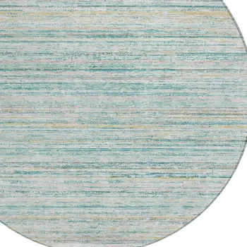 8' Teal Blue Round Striped Washable Indoor Outdoor Area Rug