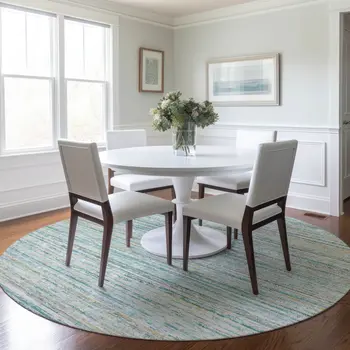 8' Teal Blue Round Striped Washable Indoor Outdoor Area Rug