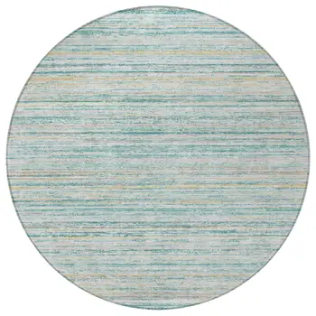 8' Teal Blue Round Striped Washable Indoor Outdoor Area Rug