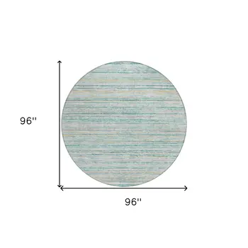8' Teal Blue Round Striped Washable Indoor Outdoor Area Rug