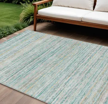 9' X 12' Teal Blue Striped Washable Indoor Outdoor Area Rug