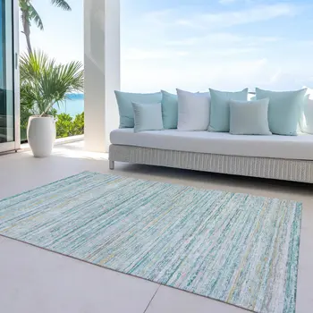9' X 12' Teal Blue Striped Washable Indoor Outdoor Area Rug