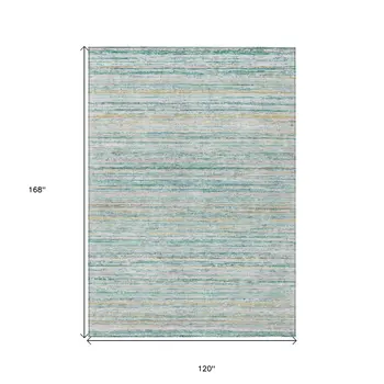 10' X 14' Teal Blue Striped Washable Indoor Outdoor Area Rug