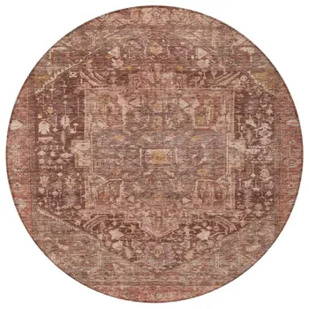 8' Burgundy Round Medallion Washable Indoor Outdoor Area Rug