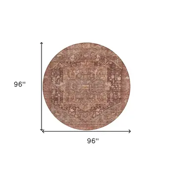 8' Burgundy Round Medallion Washable Indoor Outdoor Area Rug