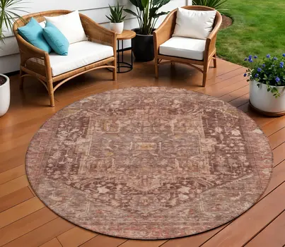 8' Burgundy Round Medallion Washable Indoor Outdoor Area Rug