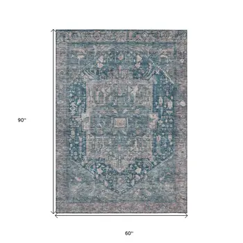 5' X 8' Blue Medallion Washable Indoor Outdoor Area Rug
