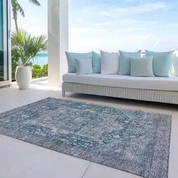 5' X 8' Blue Medallion Washable Indoor Outdoor Area Rug