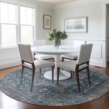 8' Blue Round Medallion Washable Indoor Outdoor Area Rug