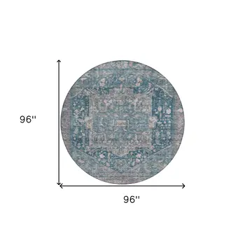 8' Blue Round Medallion Washable Indoor Outdoor Area Rug