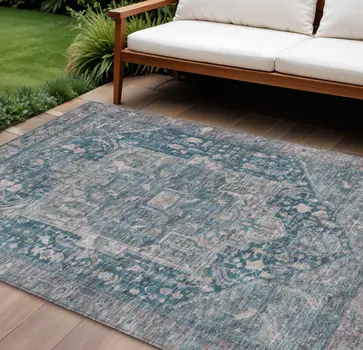 9' X 12' Blue Medallion Washable Indoor Outdoor Area Rug